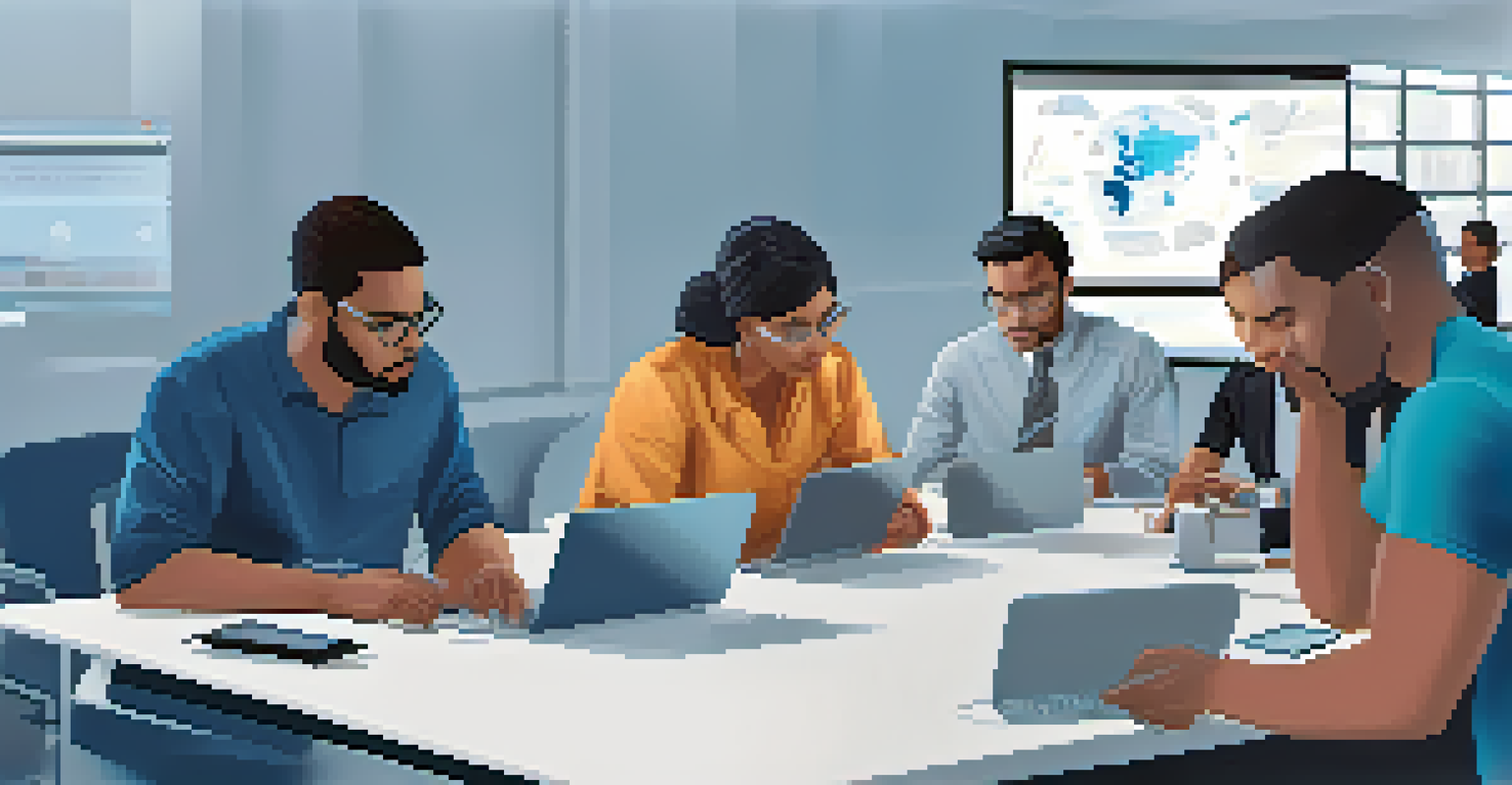 Employees engaged in a digital training session, focused on their laptops with a presentation projected in the background.