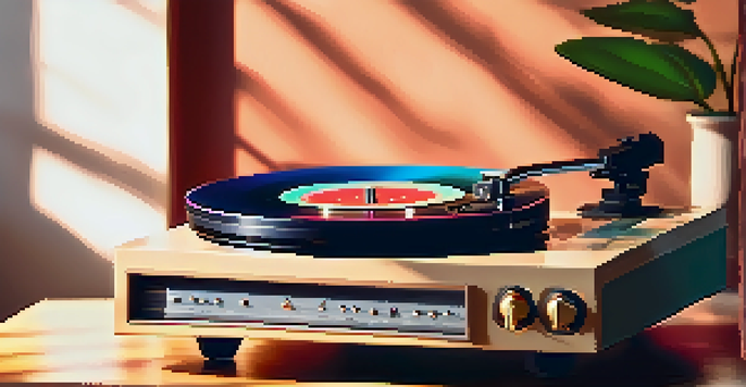 A vintage vinyl record player in a cozy room, with a colorful vinyl disc spinning and warm lighting.