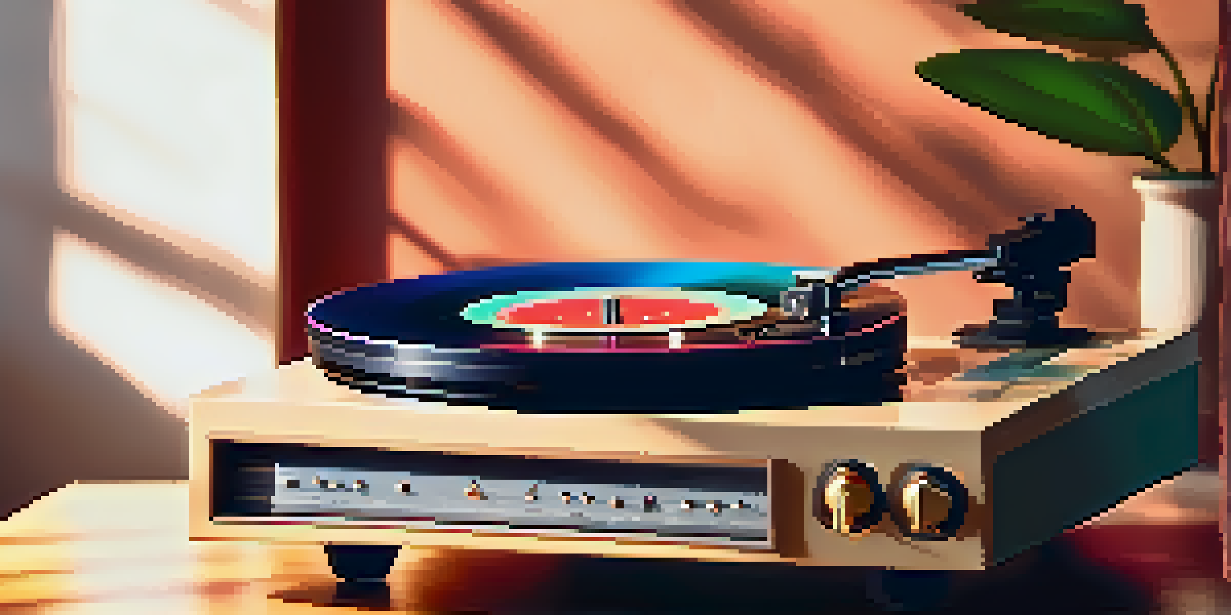 A vintage vinyl record player in a cozy room, with a colorful vinyl disc spinning and warm lighting.