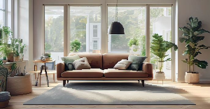 A modern living room with a smartphone showing augmented reality furniture visualization, bright and inviting atmosphere.