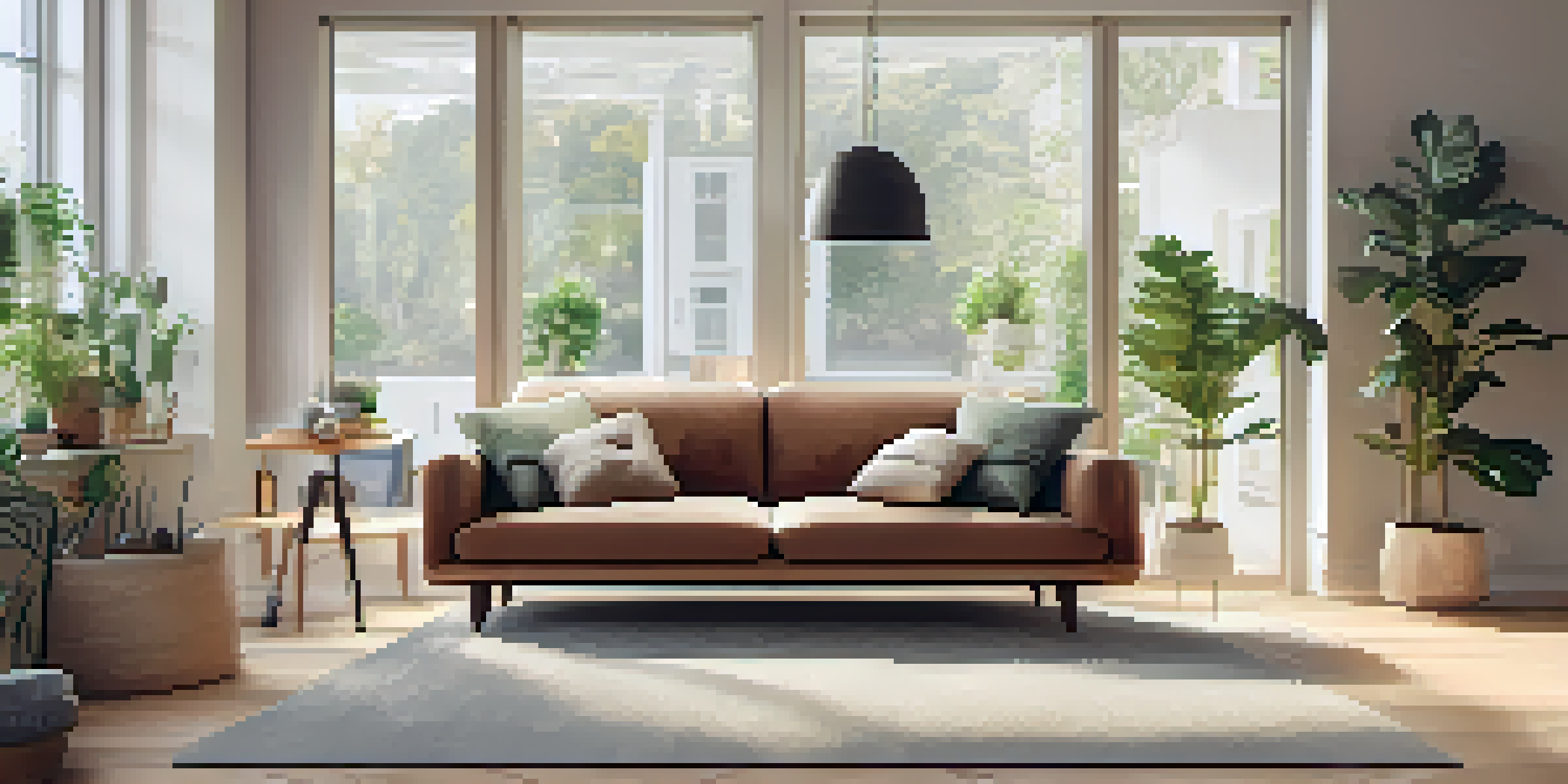 A modern living room with a smartphone showing augmented reality furniture visualization, bright and inviting atmosphere.