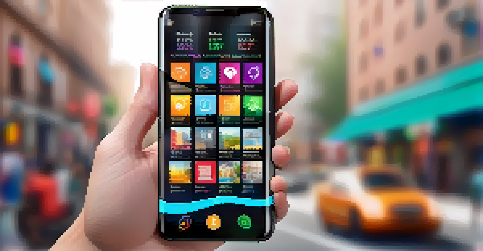 A modern smartphone with a colorful app interface and touch gestures being shown against a vibrant urban background.