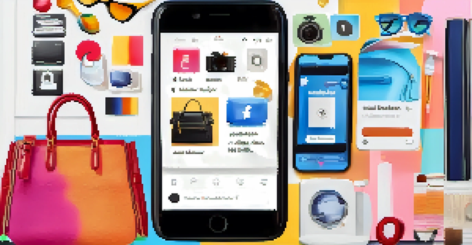 A smartphone displaying a vibrant social media advertisement for a stylish handbag, with social media icons in the background.