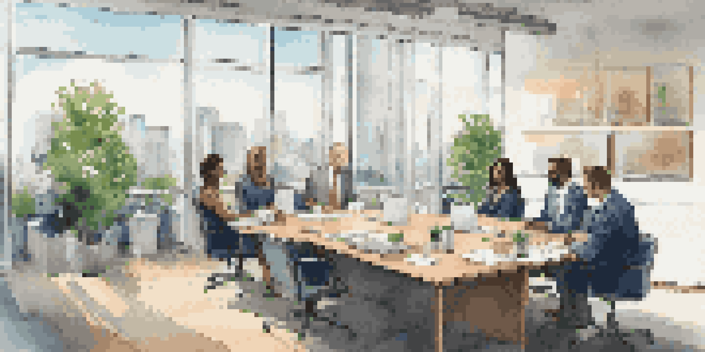 A diverse group of professionals having a meeting in a bright office, discussing a service level agreement with laptops and documents on the table.
