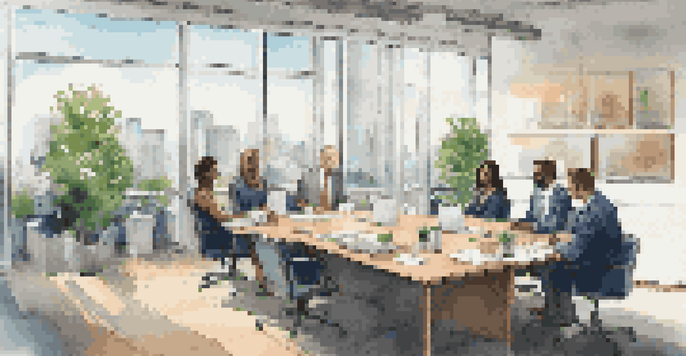 A diverse group of professionals having a meeting in a bright office, discussing a service level agreement with laptops and documents on the table.