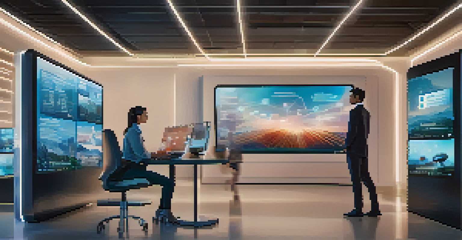 A modern customer support center with AI chatbots and satisfied employees.