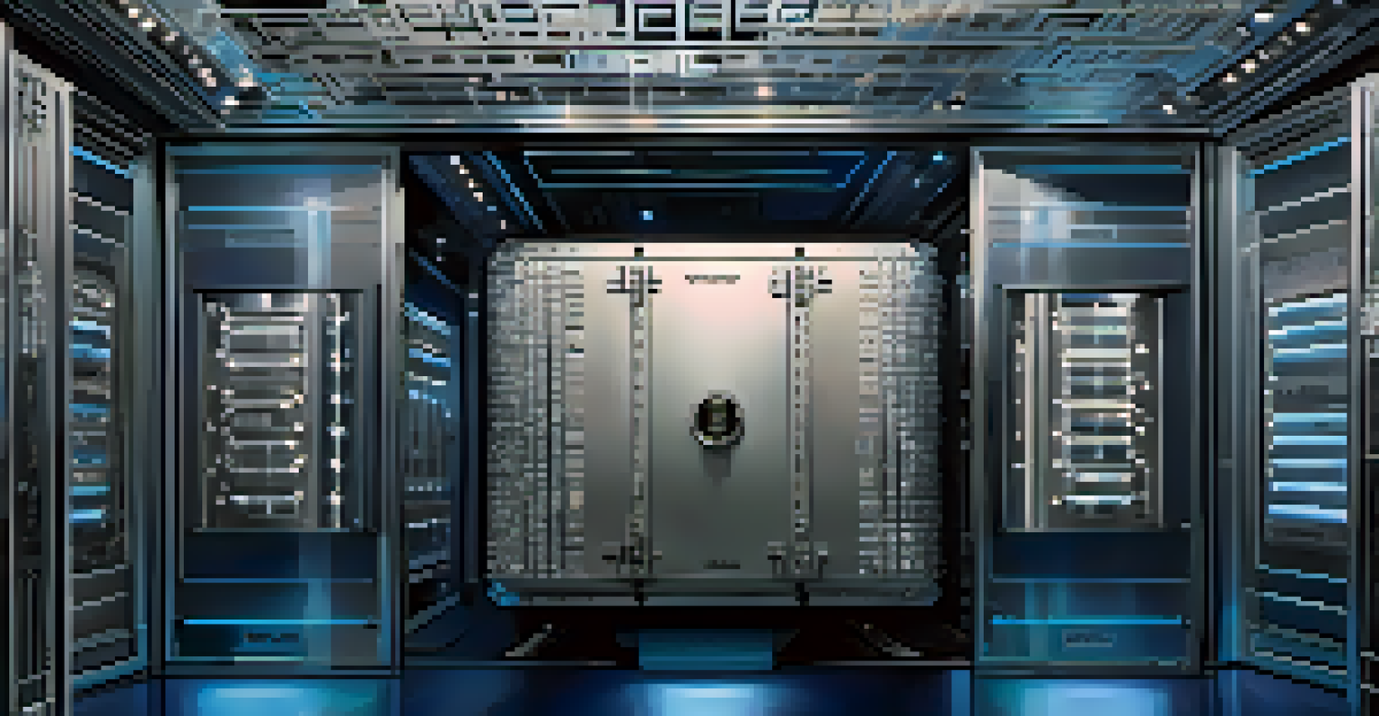 A high-tech vault representing blockchain technology, with compartments for identity data, surrounded by a security system.