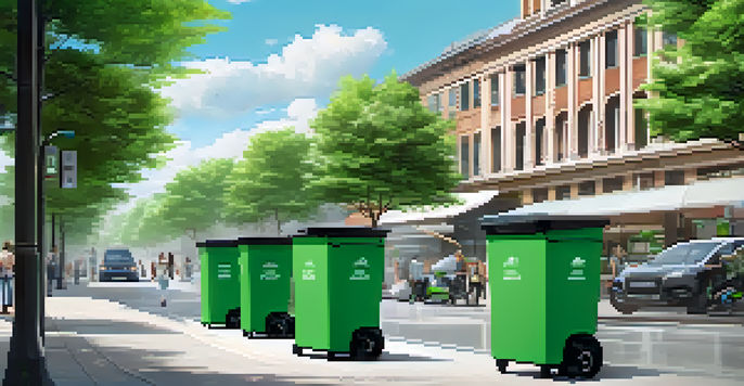 A futuristic city with high-tech smart waste bins, clean streets, greenery, and people engaging in recycling.