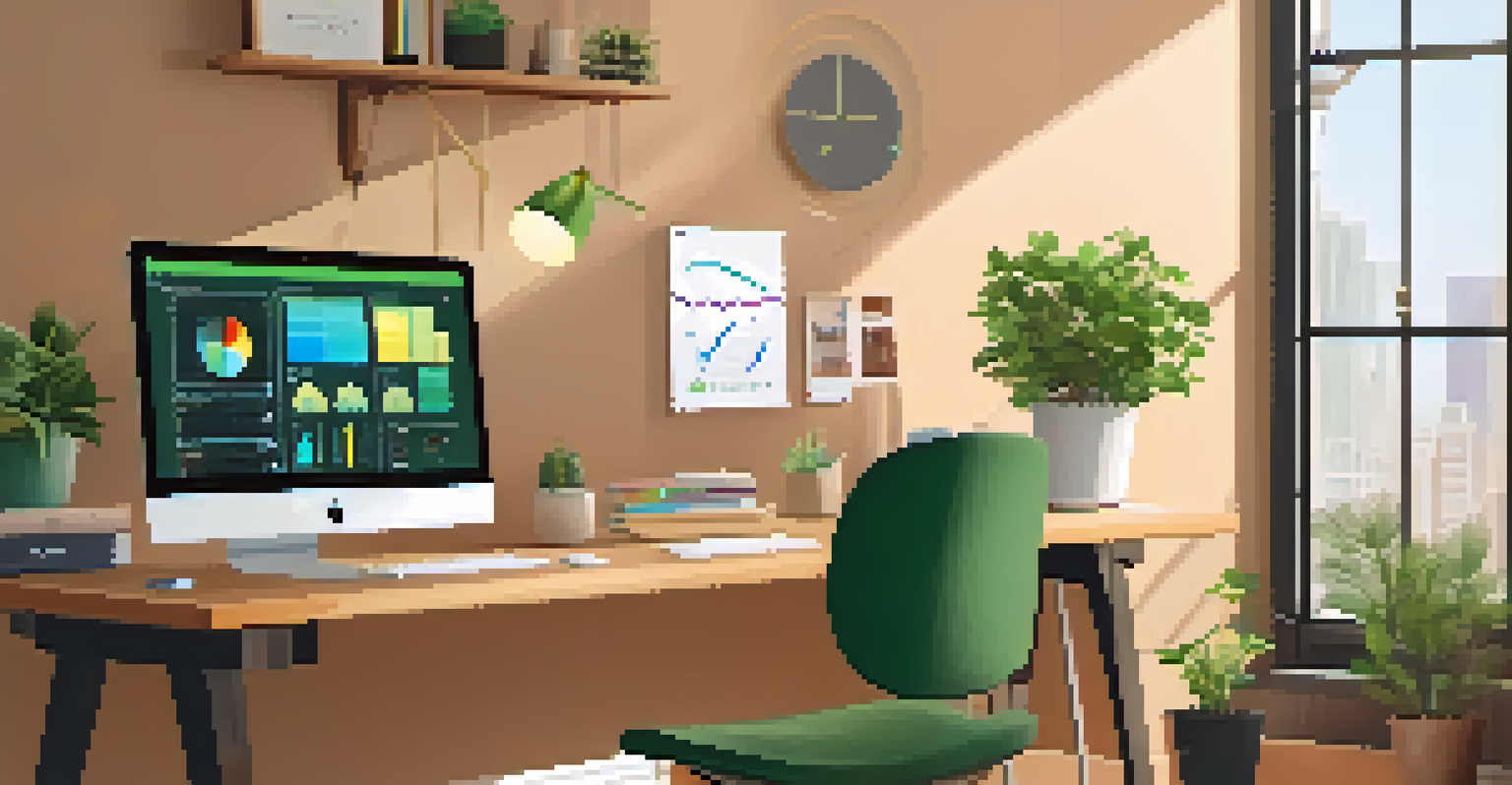 A peaceful workspace with a laptop showing colorful data visualizations, complemented by natural decor elements.