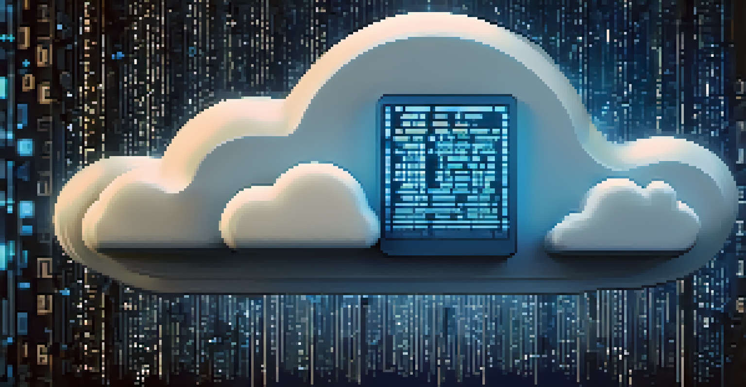 An abstract image depicting cloud computing with a cloud icon, digital locks, and binary code on a dark blue background.