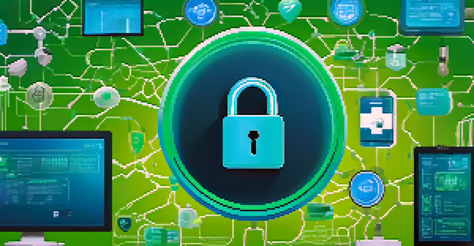 An abstract image depicting cybersecurity in healthcare, featuring a digital lock and interconnected medical icons on a blue-green gradient background.