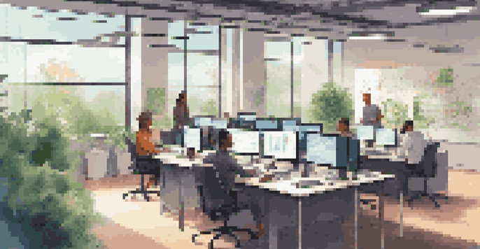 A diverse team of professionals working together in a modern office, collaborating over laptops and screens with code and graphs visible.