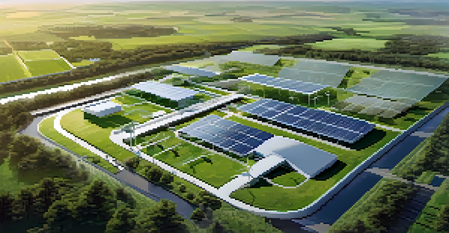 An aerial view of a green data center campus with wind turbines and solar panels, surrounded by trees and fields.