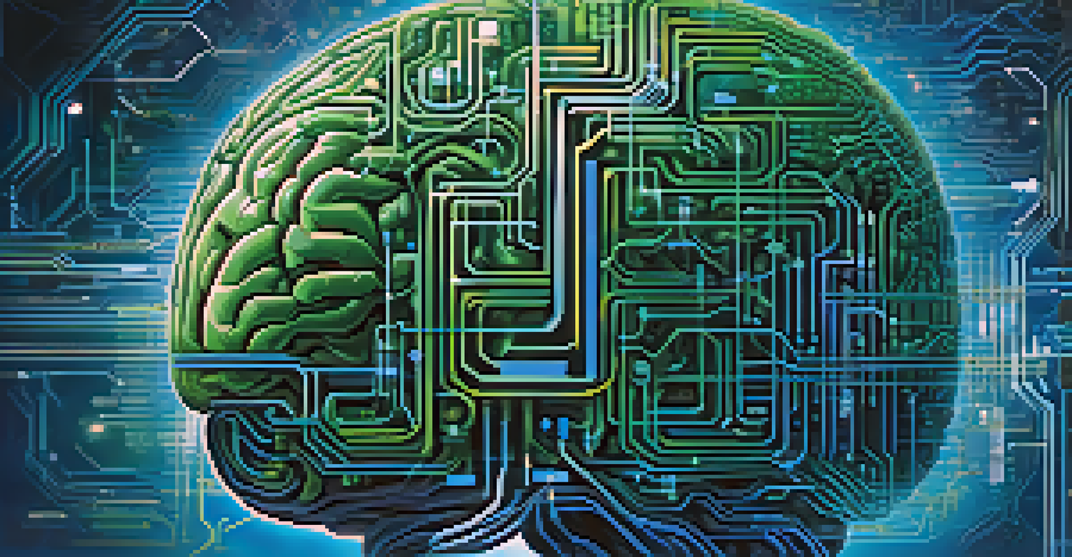 An abstract digital brain representing ethical AI, surrounded by symbols of fairness and privacy in a blue and green gradient background.