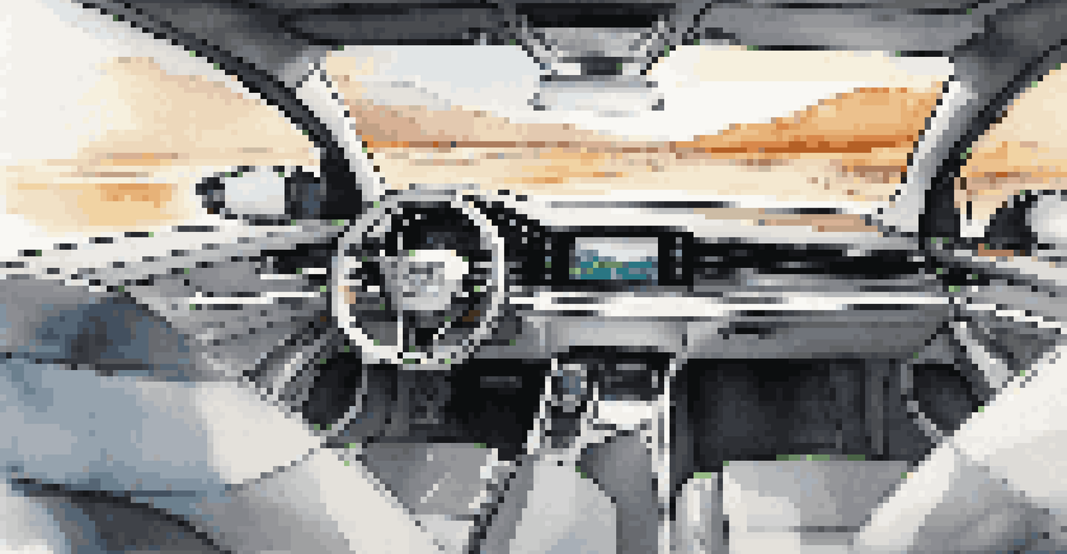 A futuristic car interior with a dashboard displaying AI-driven navigation suggestions in a scenic location.
