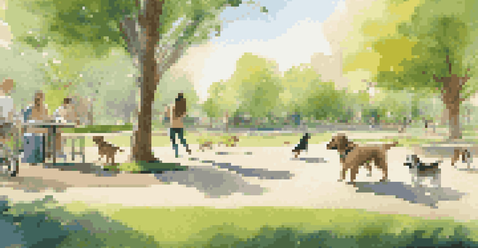 A pet owner training a puppy in a sunny park using augmented reality, with animated distractions.
