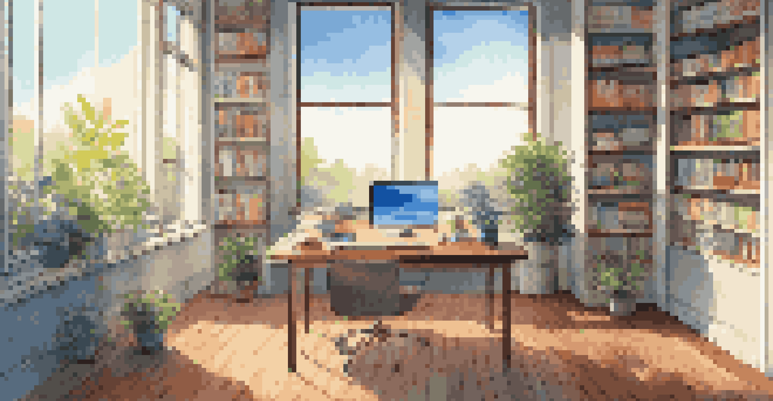 A modern office space with a desk, laptop, plant, and sunlight coming through a window.