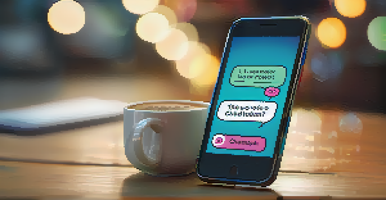 A smartphone with a chatbot conversation visible on the screen, surrounded by a cozy background with a coffee cup.