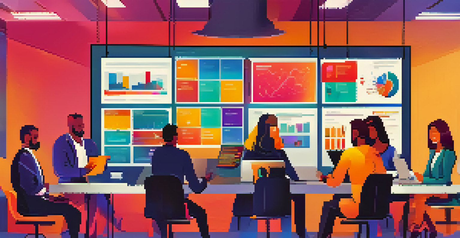 A diverse group of professionals collaborating in a bright meeting room, discussing around a large table with laptops and a screen showing a SaaS dashboard.