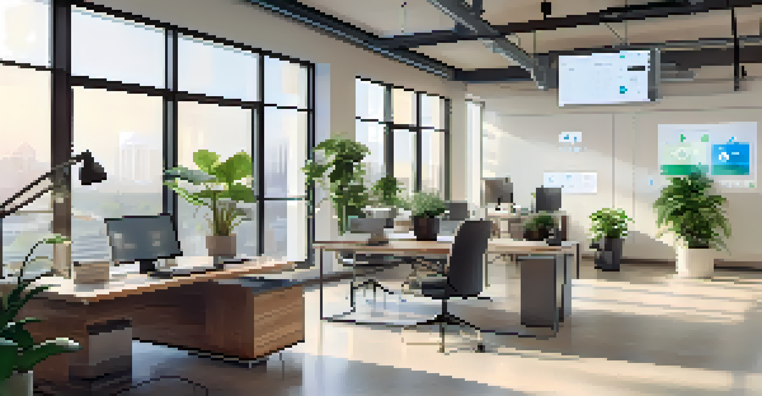 A modern office with IoT devices like a smart thermostat and a smart speaker, with a bright and productive atmosphere.