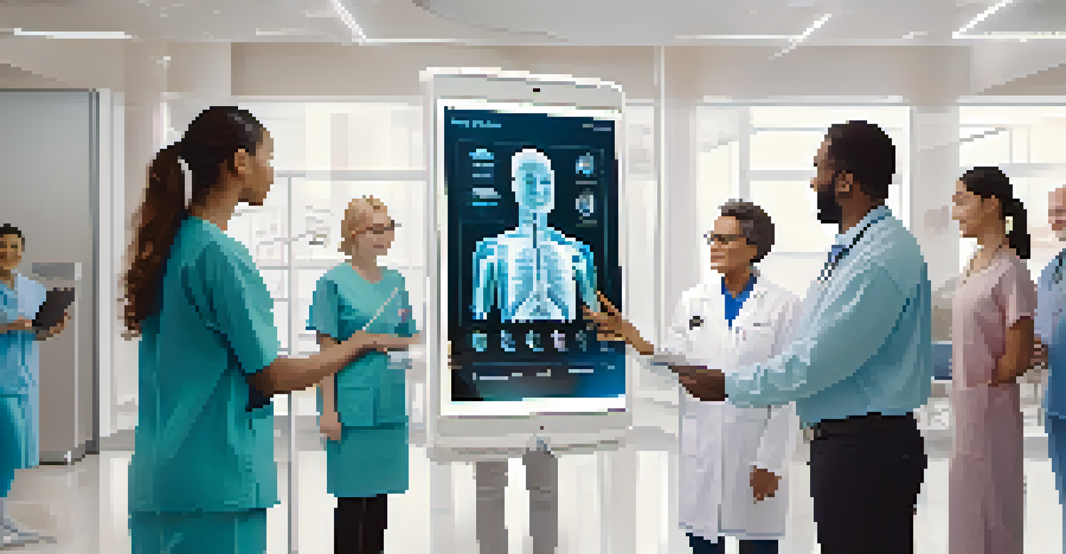 A virtual health assistant on a tablet in a modern medical office, with patients observing and interacting.