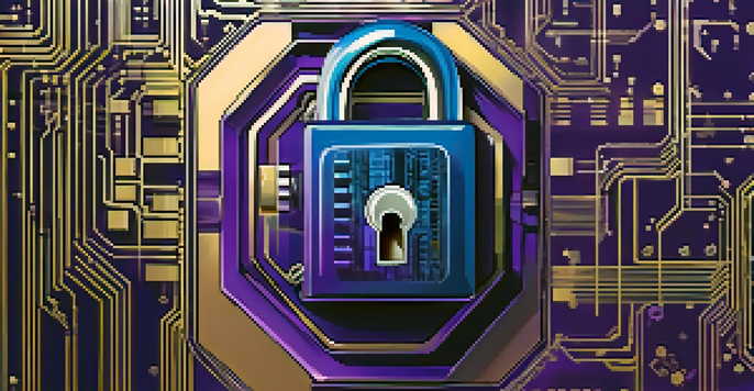 A digital lock symbolizing Digital Rights Management with abstract circuits and binary code in the background.
