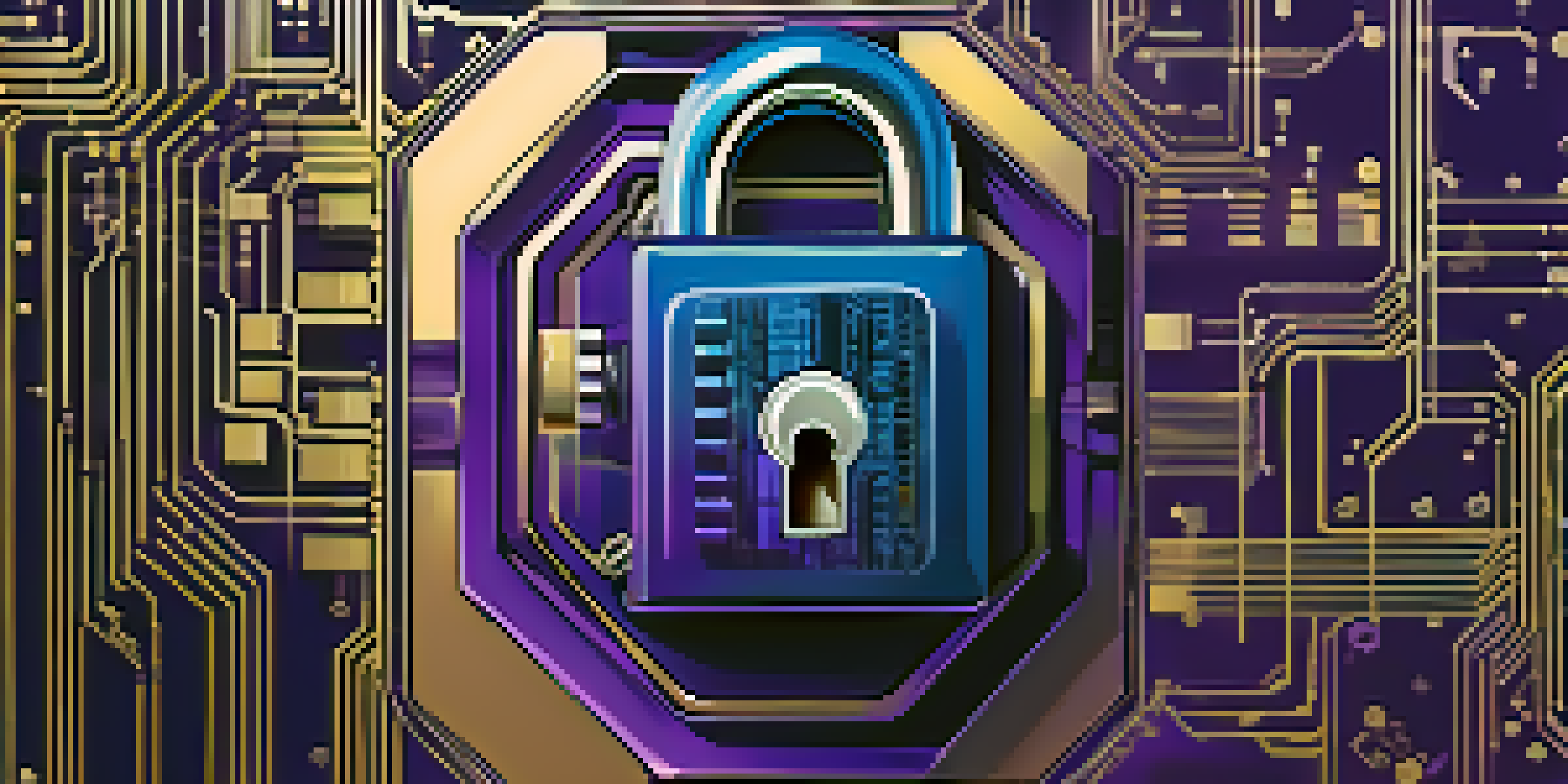 A digital lock symbolizing Digital Rights Management with abstract circuits and binary code in the background.