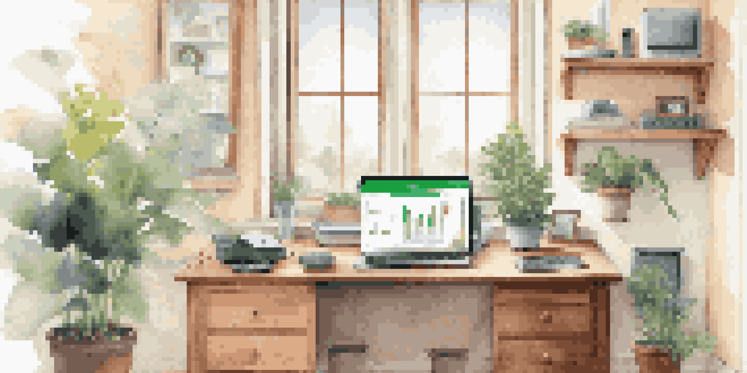 A bright home office with IoT devices on a wooden desk, a plant, and a digital identity management dashboard on a tablet.