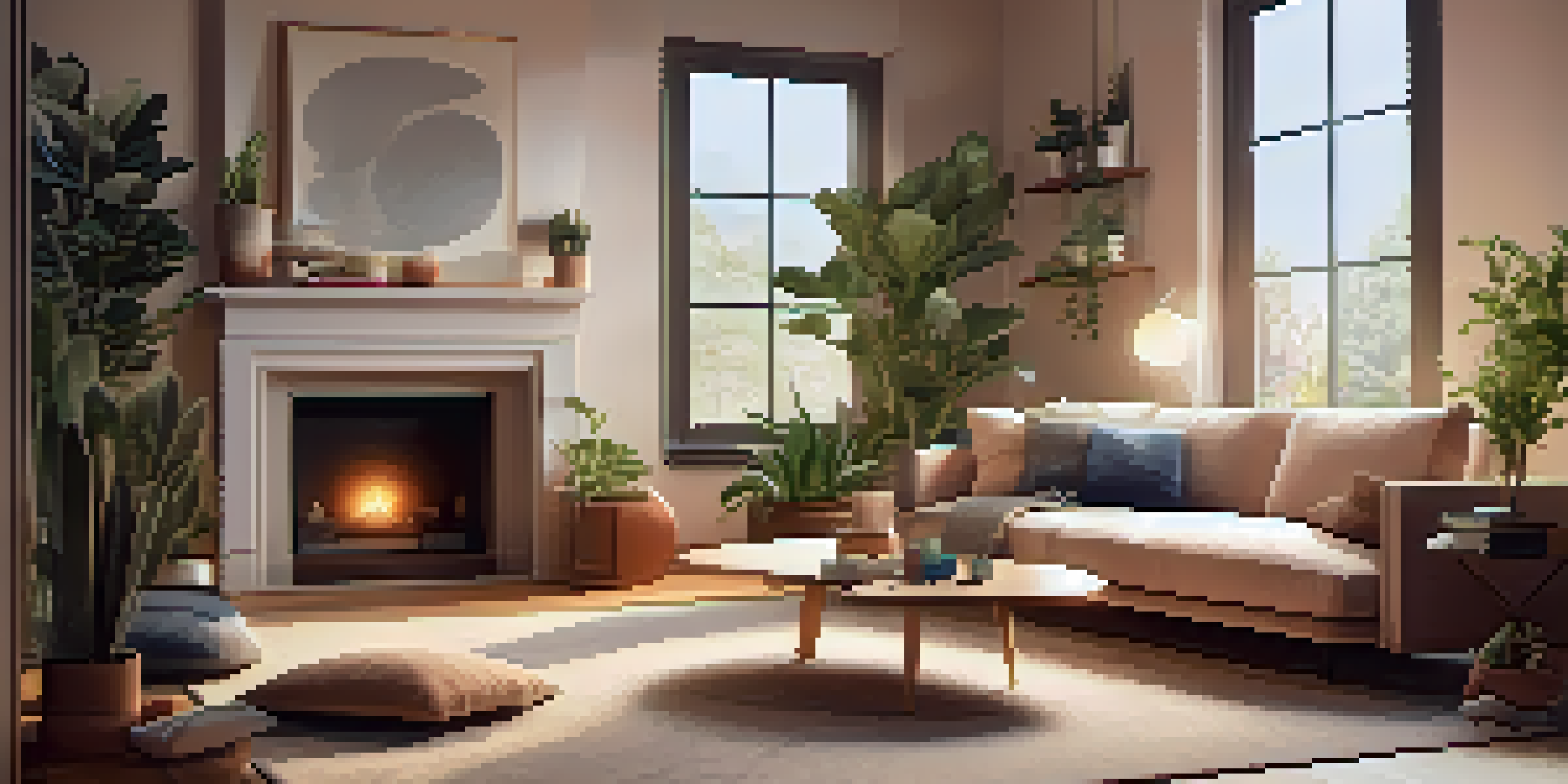 A person talking to a virtual assistant device in a warm, cozy living room with soft lighting and houseplants.