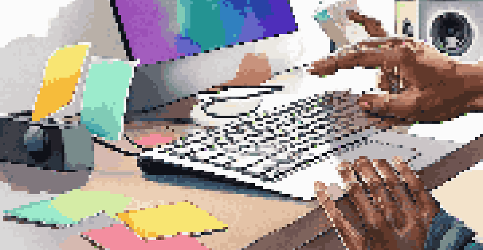 A close-up of a hand reaching towards a smart speaker on a desk, with sticky notes and a laptop in the background.