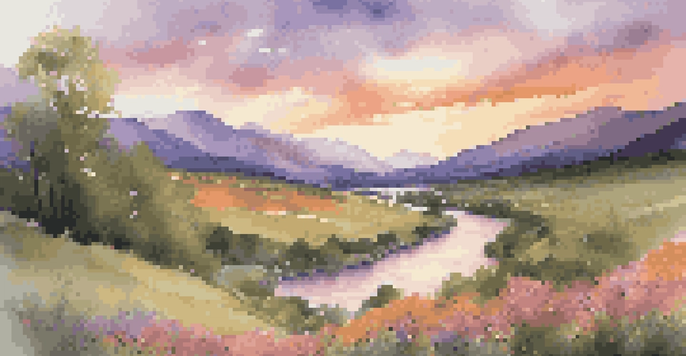 A peaceful river winding through a green valley at sunset, with colorful clouds and wildflowers in the foreground.