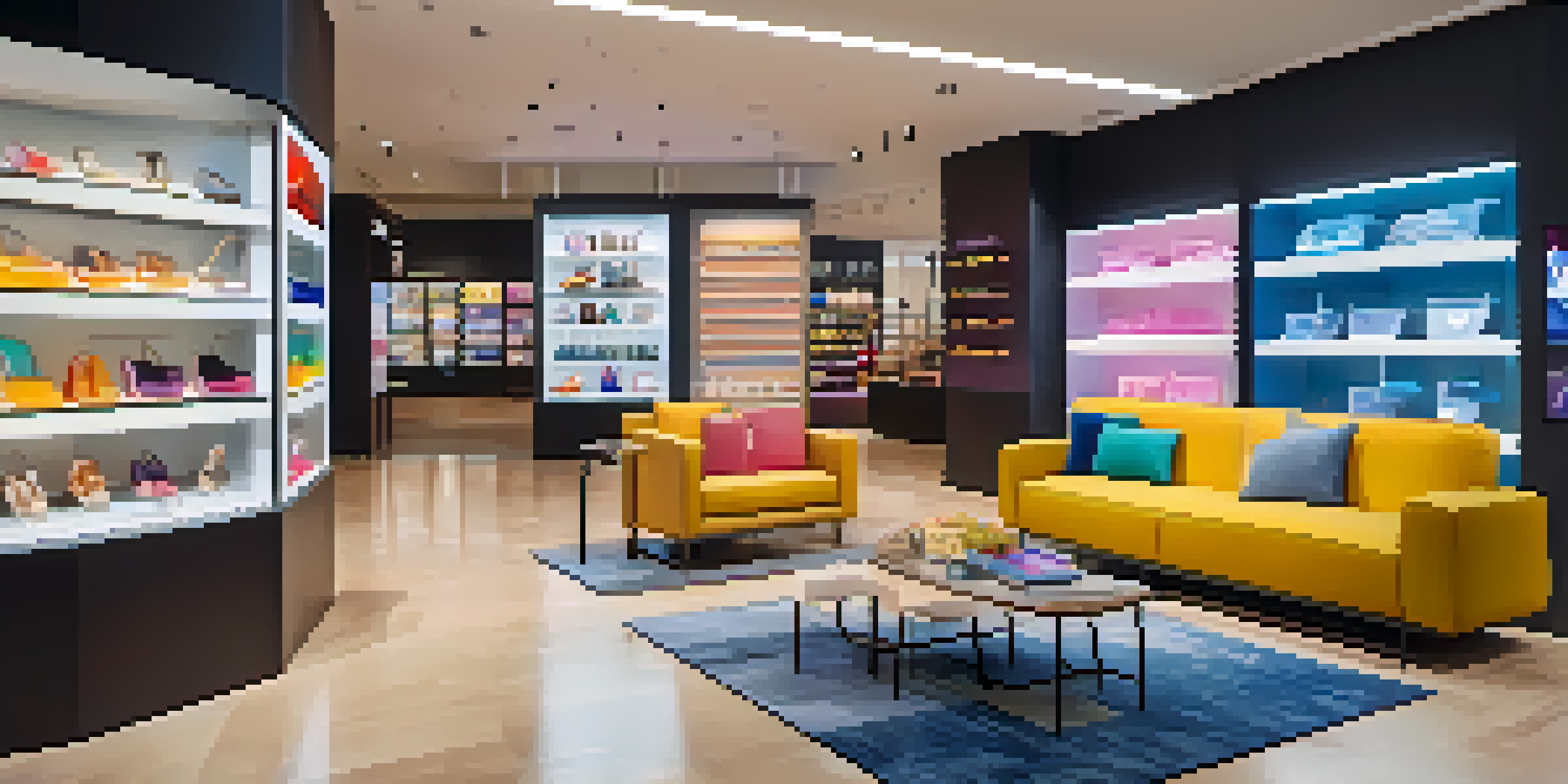 A retail store interior where customers use augmented reality to visualize furniture in their homes with bright lighting and modern design.