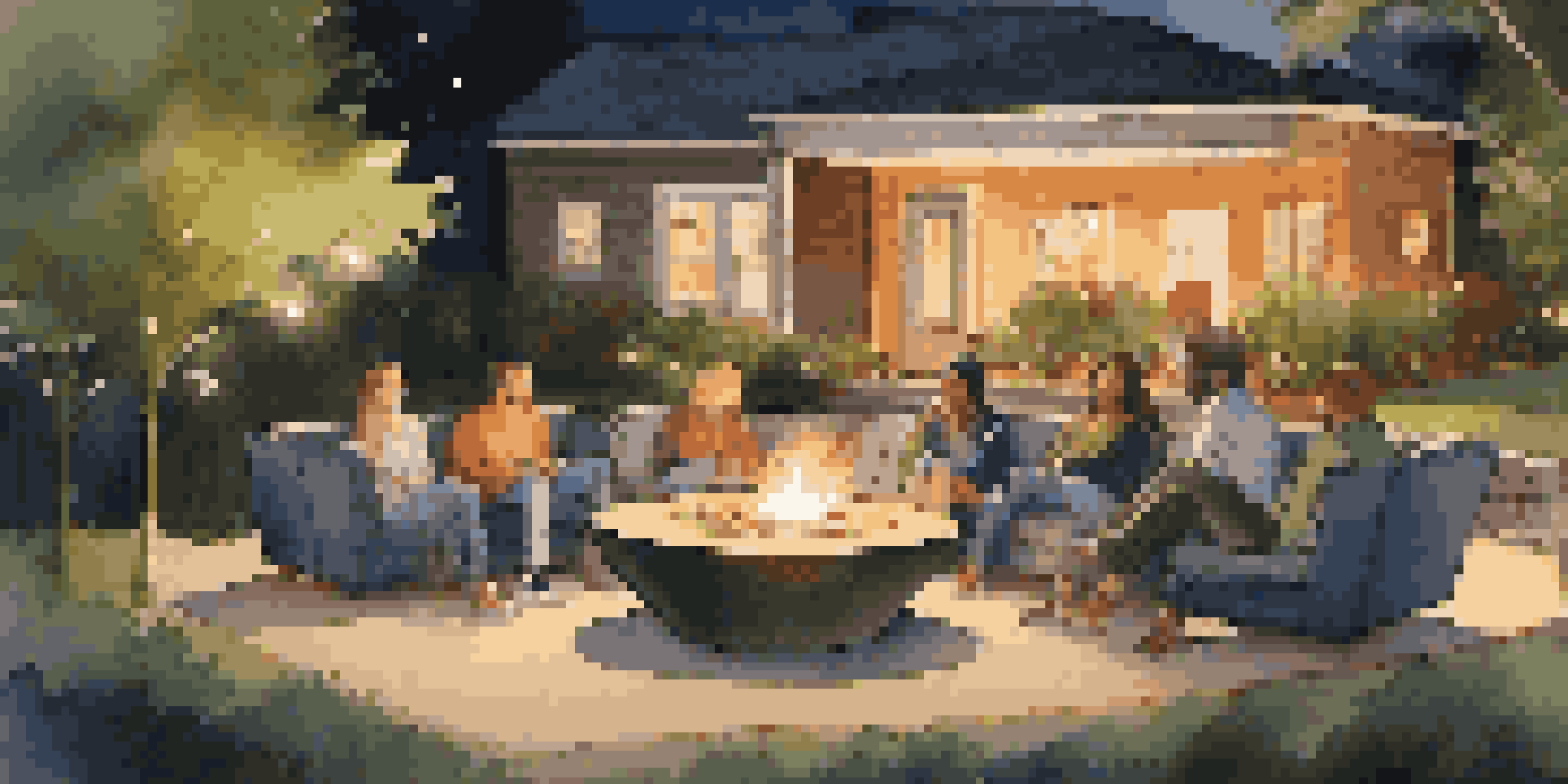 A group of friends gathered around a glowing smart fire pit in an outdoor setting, with string lights and greenery.