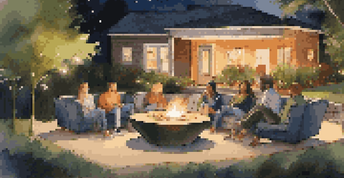 A group of friends gathered around a glowing smart fire pit in an outdoor setting, with string lights and greenery.