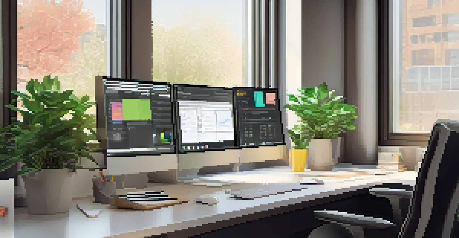 A modern office workspace with a desk, computer, bulletin board, and plant, creating an organized environment.