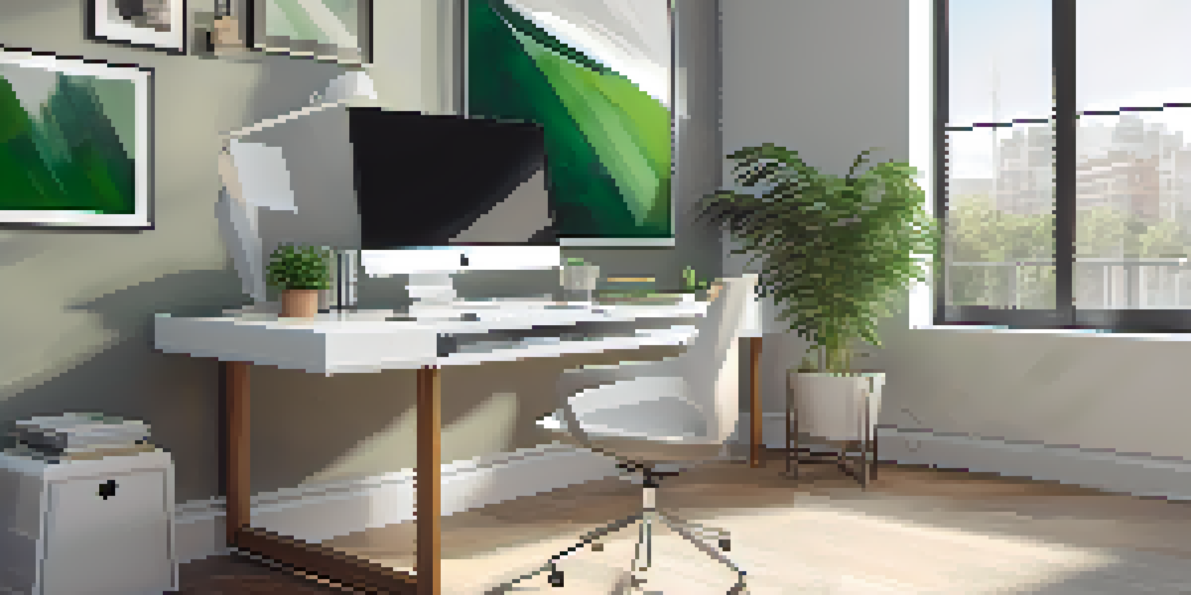 A bright and modern office workspace with a laptop, notepad, coffee cup, plants, and abstract artwork.