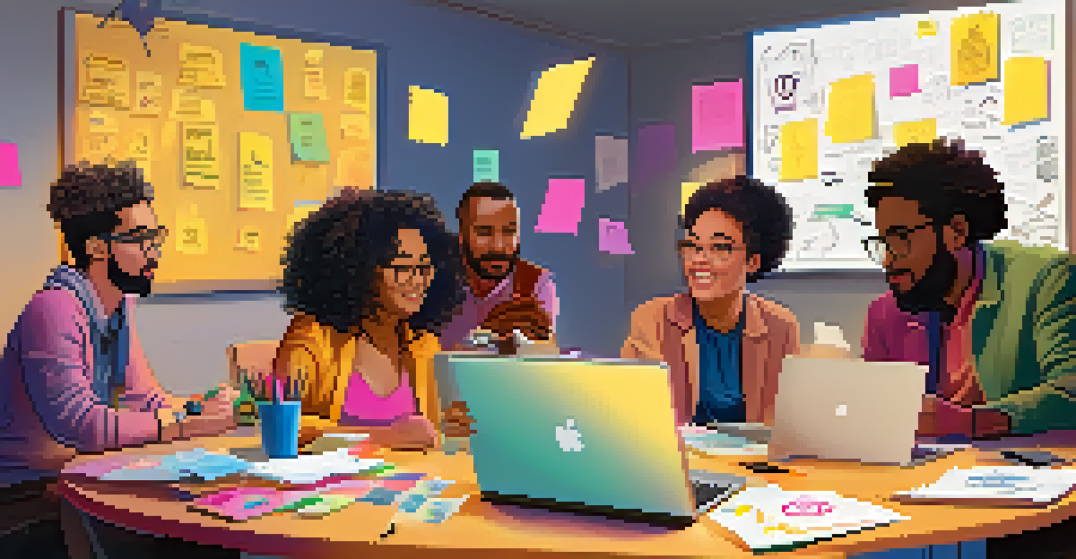 A diverse team of creative professionals collaborating at a table, surrounded by digital assets and brainstorming materials.