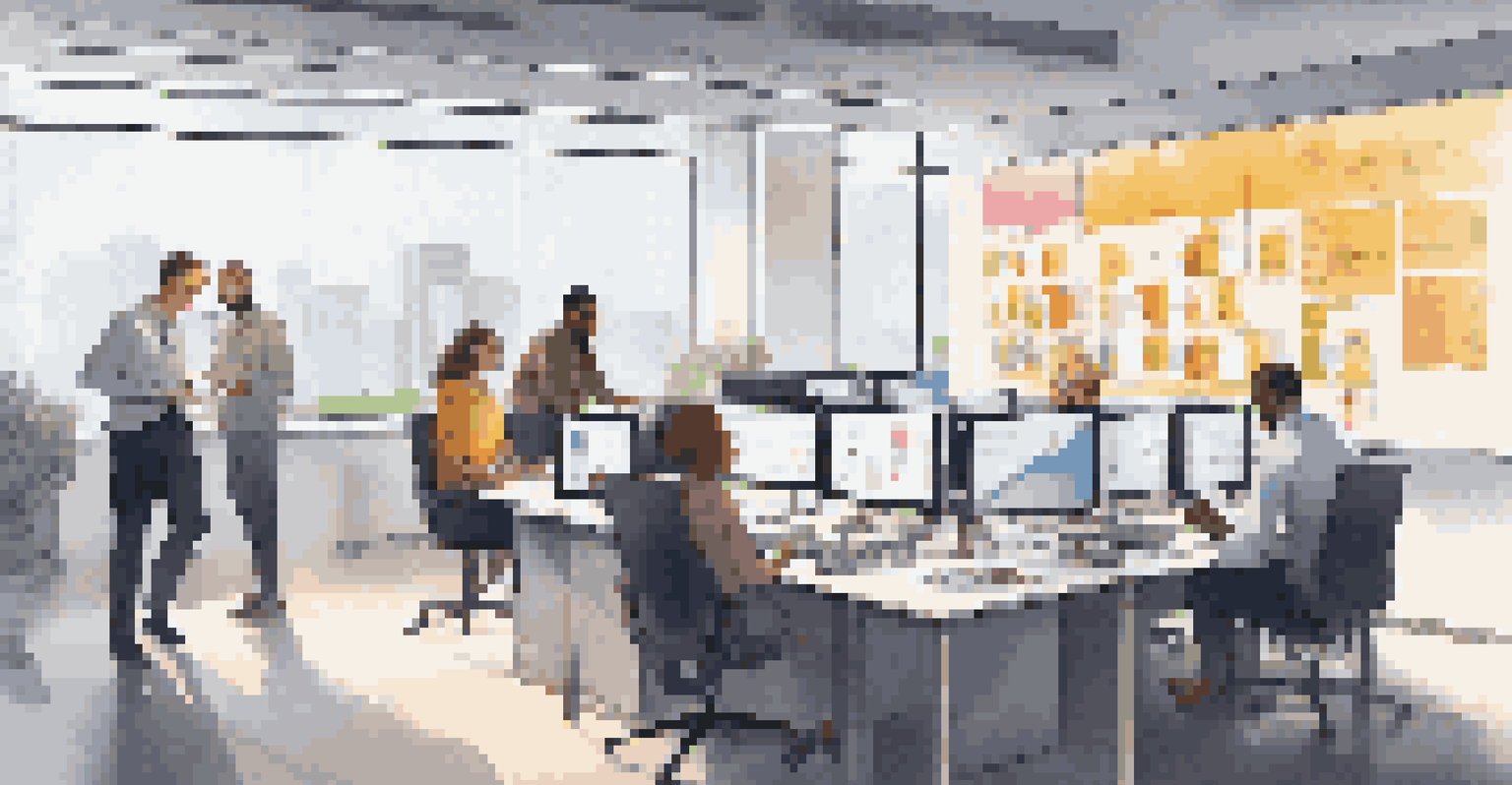 A team of professionals collaborating around a digital screen showing a project management dashboard in a busy office.