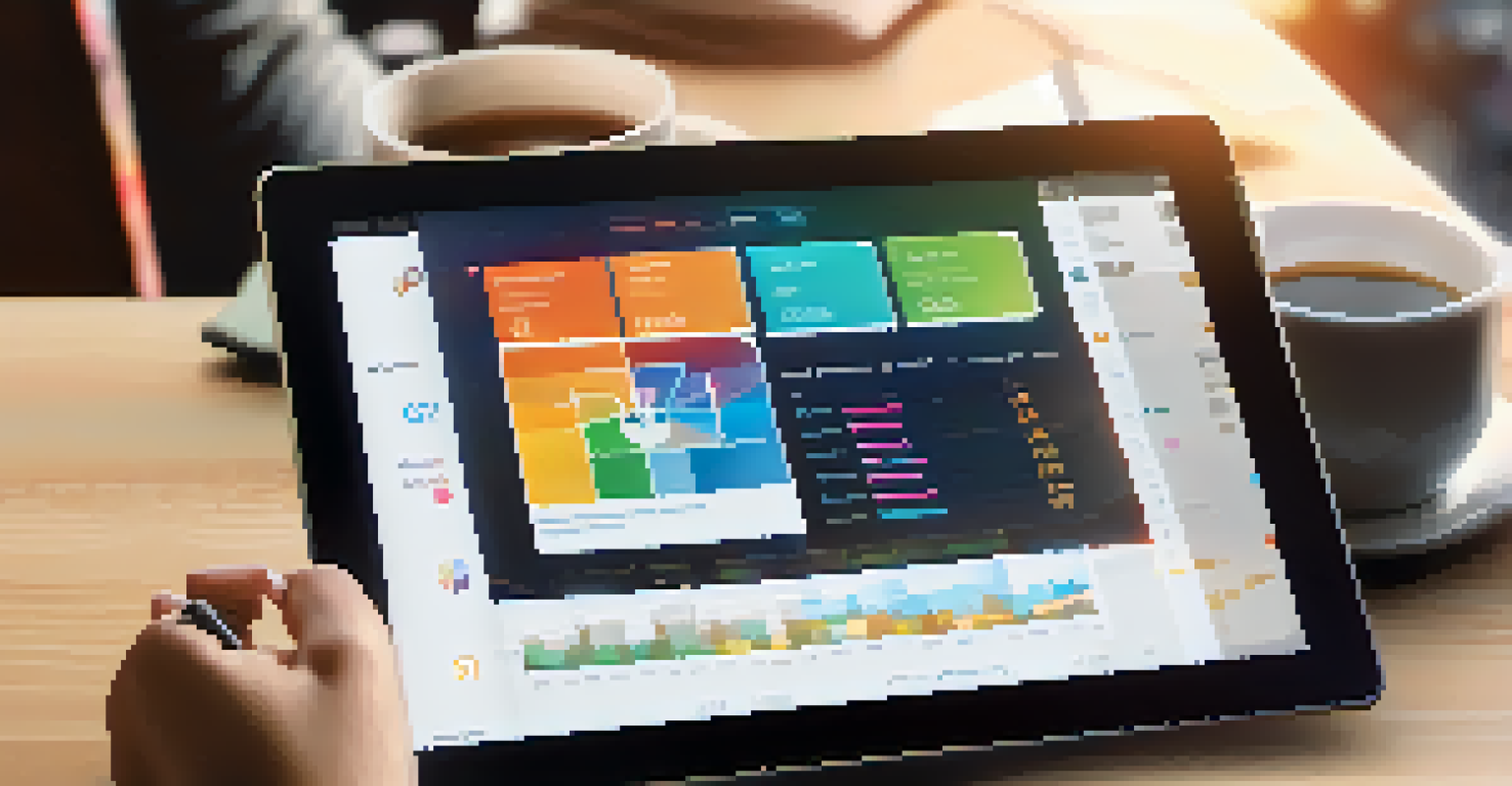 A person using a tablet in a coffee shop, accessing a colorful cloud-based application with graphs and charts on the screen.
