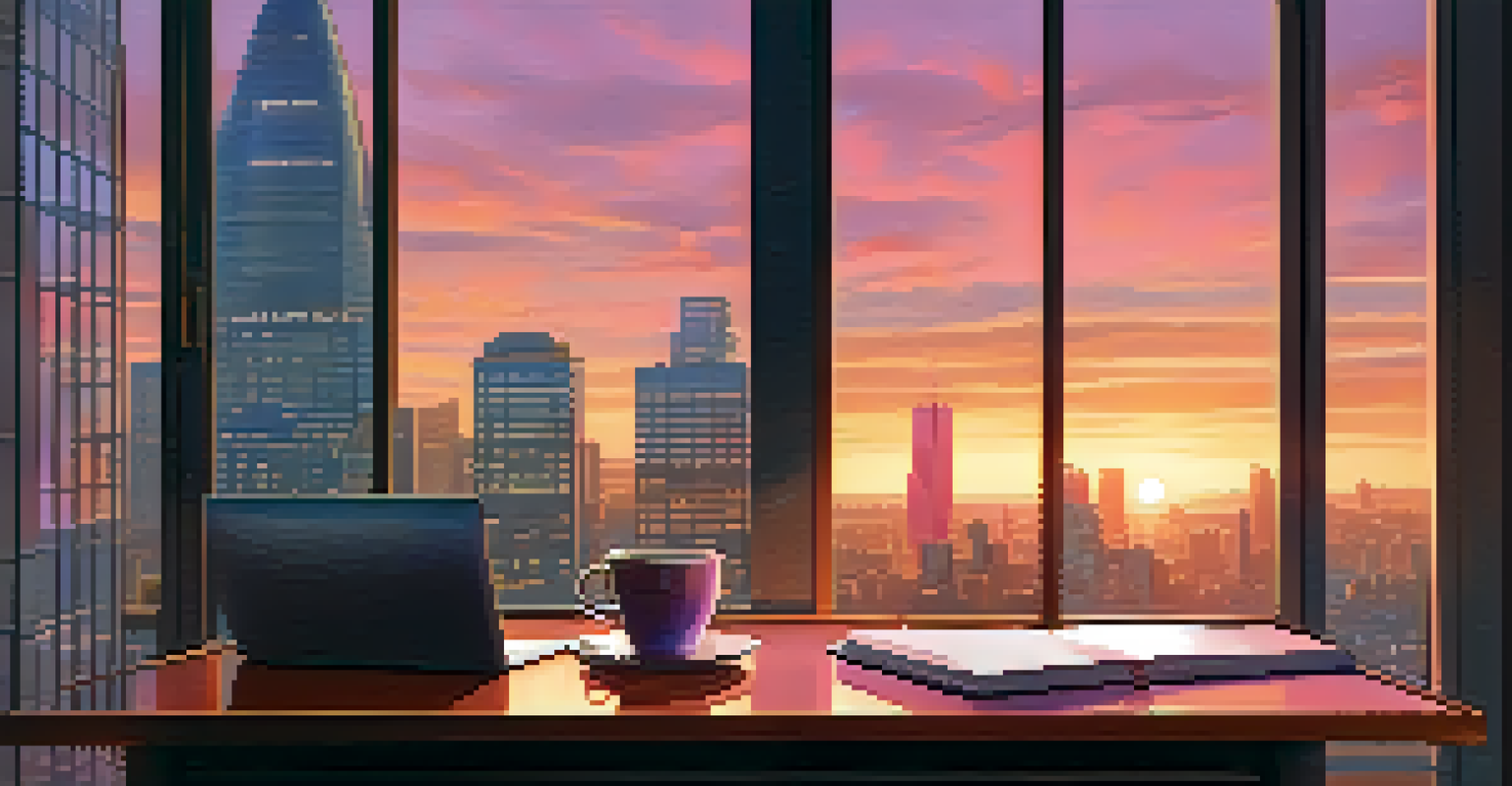 A modern workspace with a laptop and coffee, overlooking a city skyline at sunset.