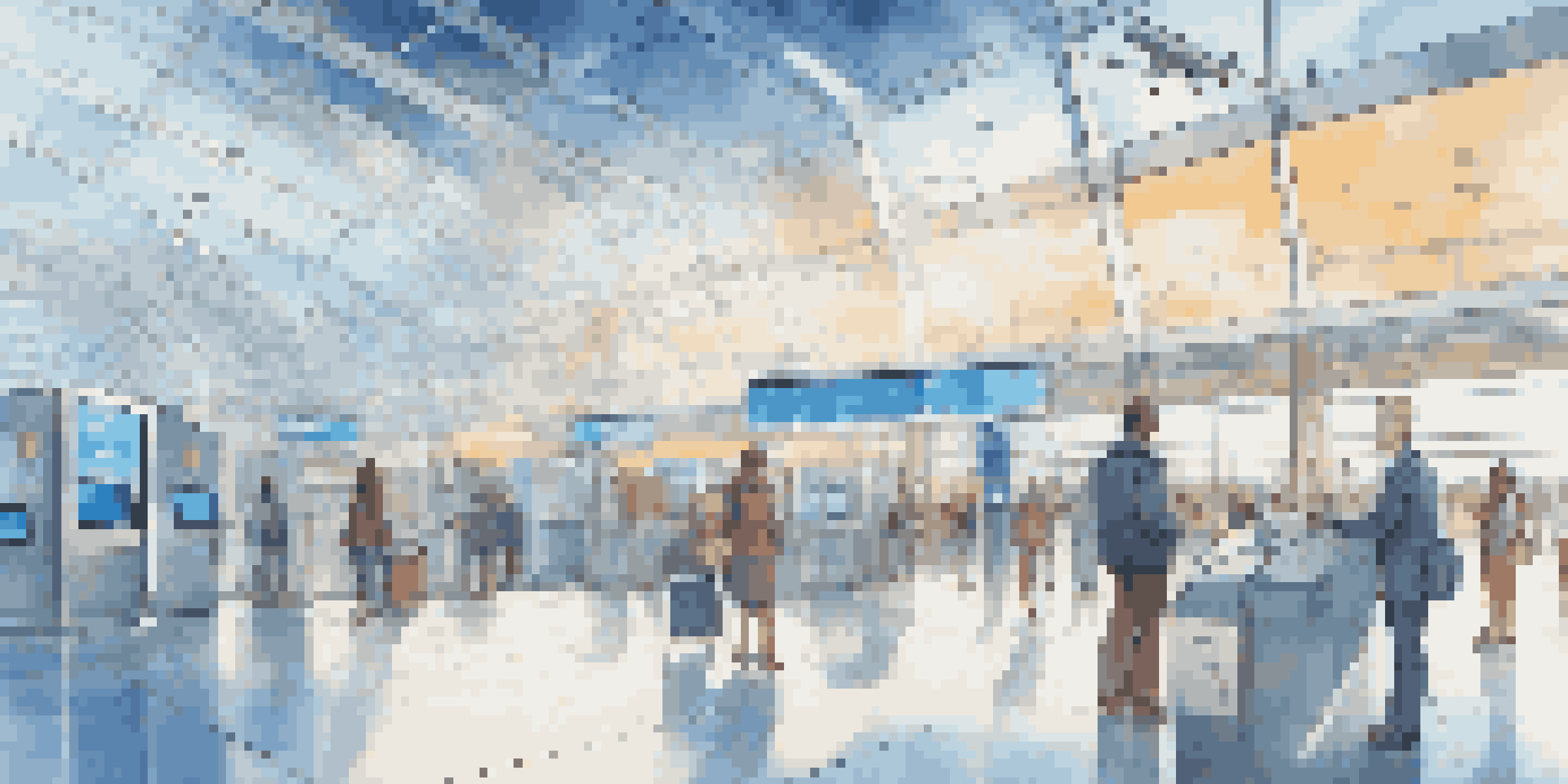 A modern airport interior where travelers are checking in using facial recognition technology, with bright lighting and large windows showing airplanes outside.