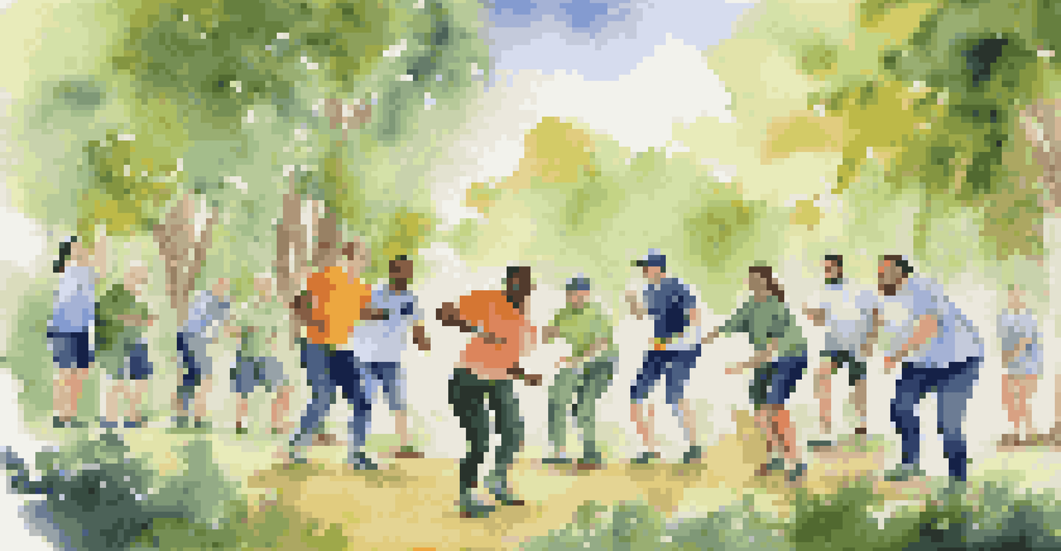 A group of professionals enjoying an outdoor team-building exercise in a green setting, smiling and collaborating.