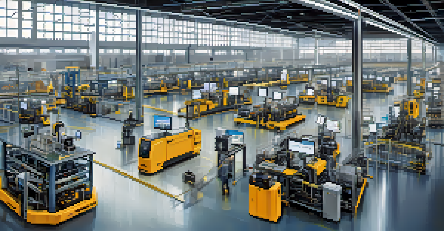 Workers in a factory using tablets to monitor interconnected machines with IoT technology, illuminated by bright artificial lighting.