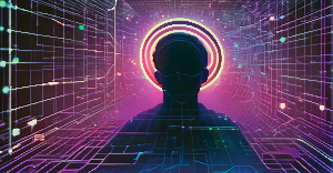 A glowing digital ID card above a stylized blockchain grid with a deep blue and purple background, symbolizing digital identity and security.