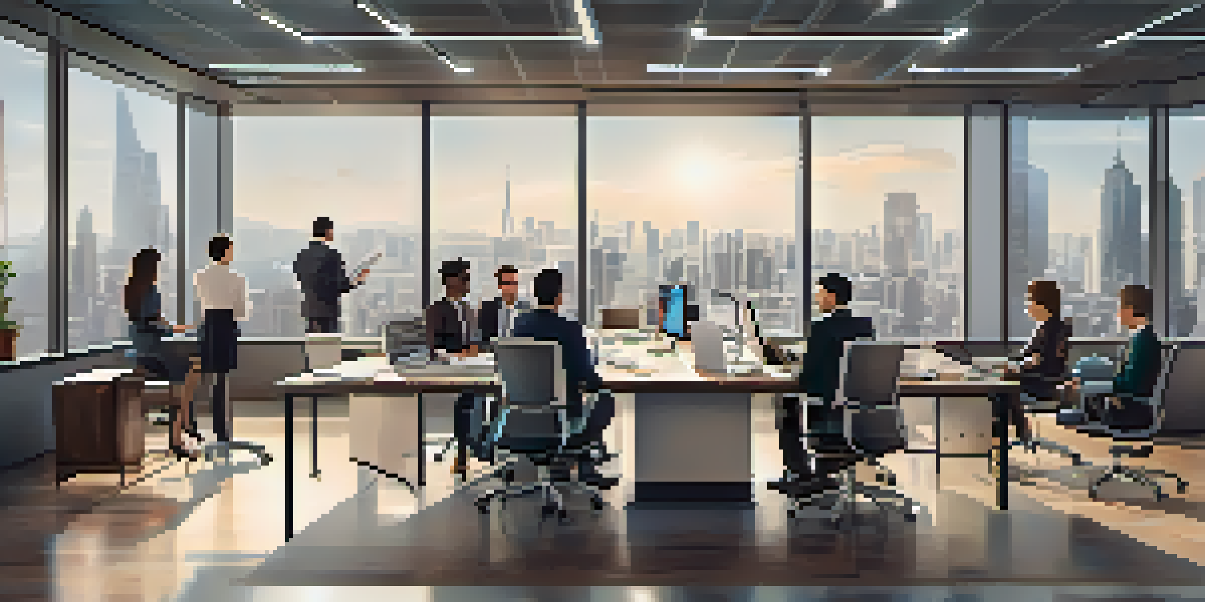 A group of diverse professionals in a modern office discussing data privacy audits, with laptops and documents on the table.