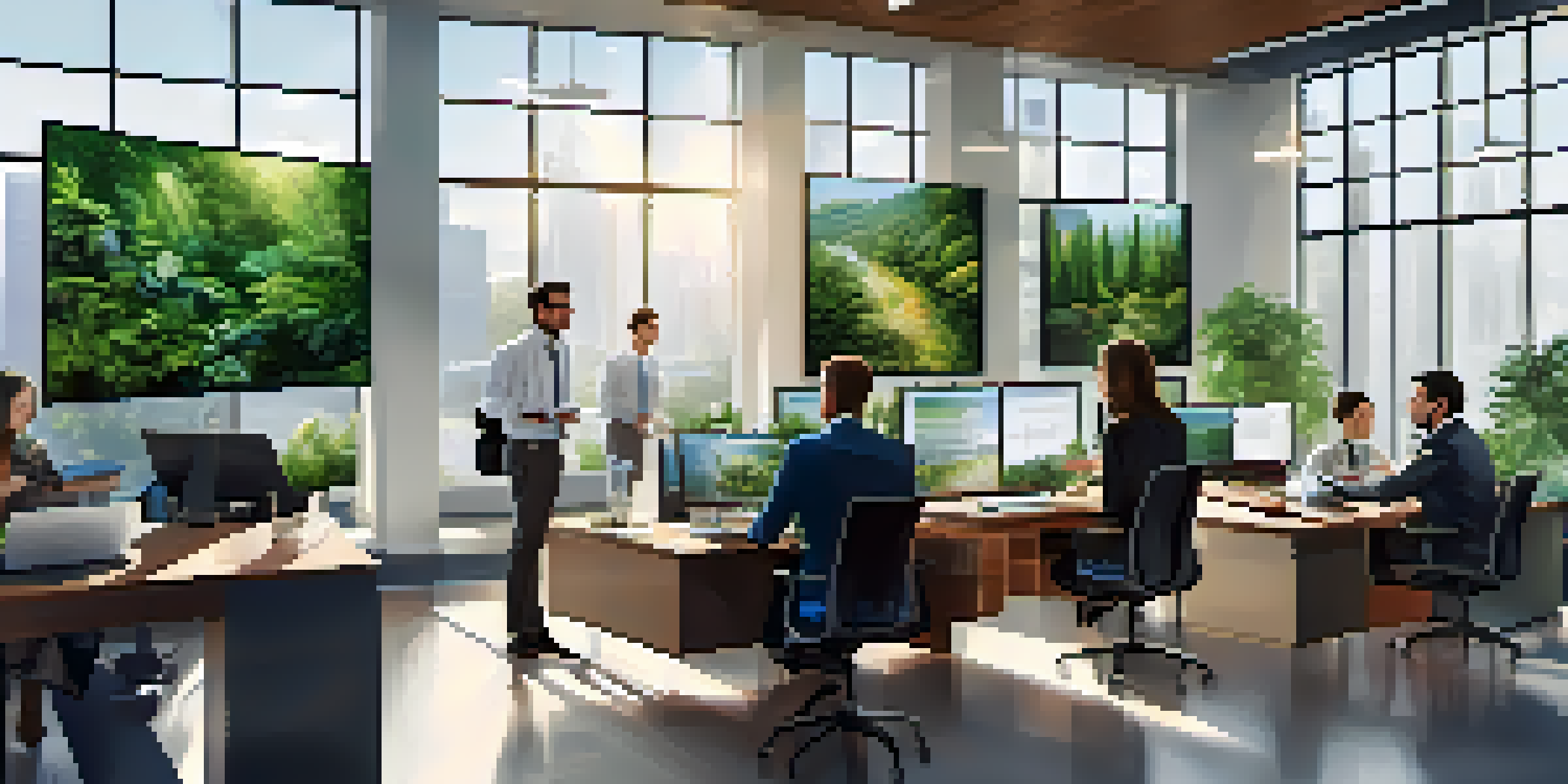 A diverse team of professionals working together in a modern office, analyzing data on large screens with natural light and plants around.
