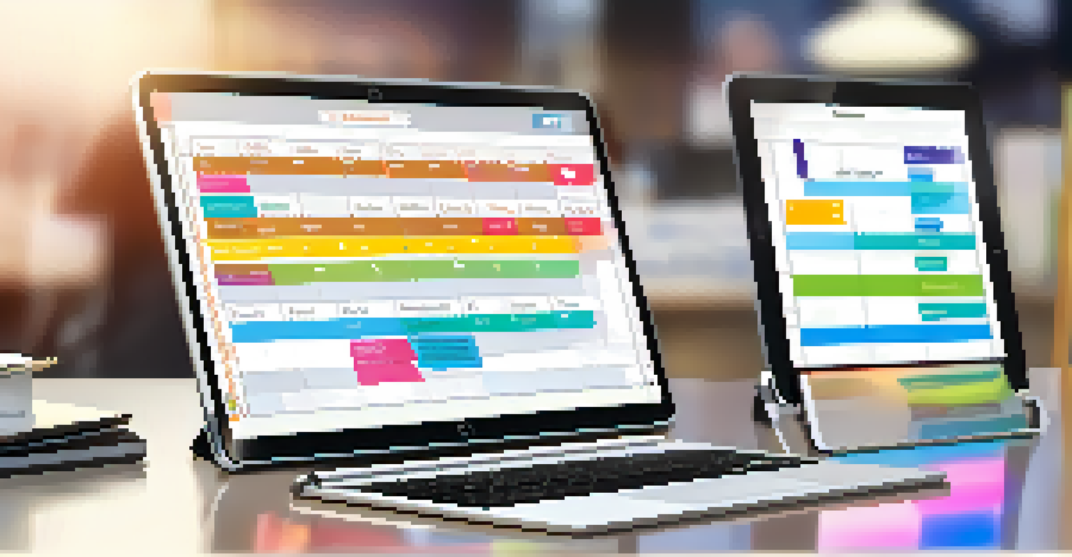 A close-up of a digital project management board on a tablet, featuring organized tasks and colorful labels.