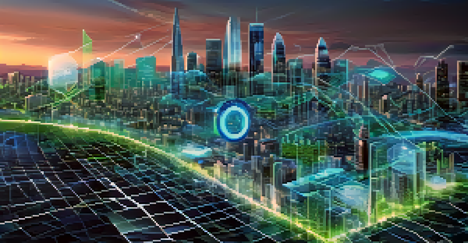 An abstract cityscape with glowing data streams and graphs representing machine learning.