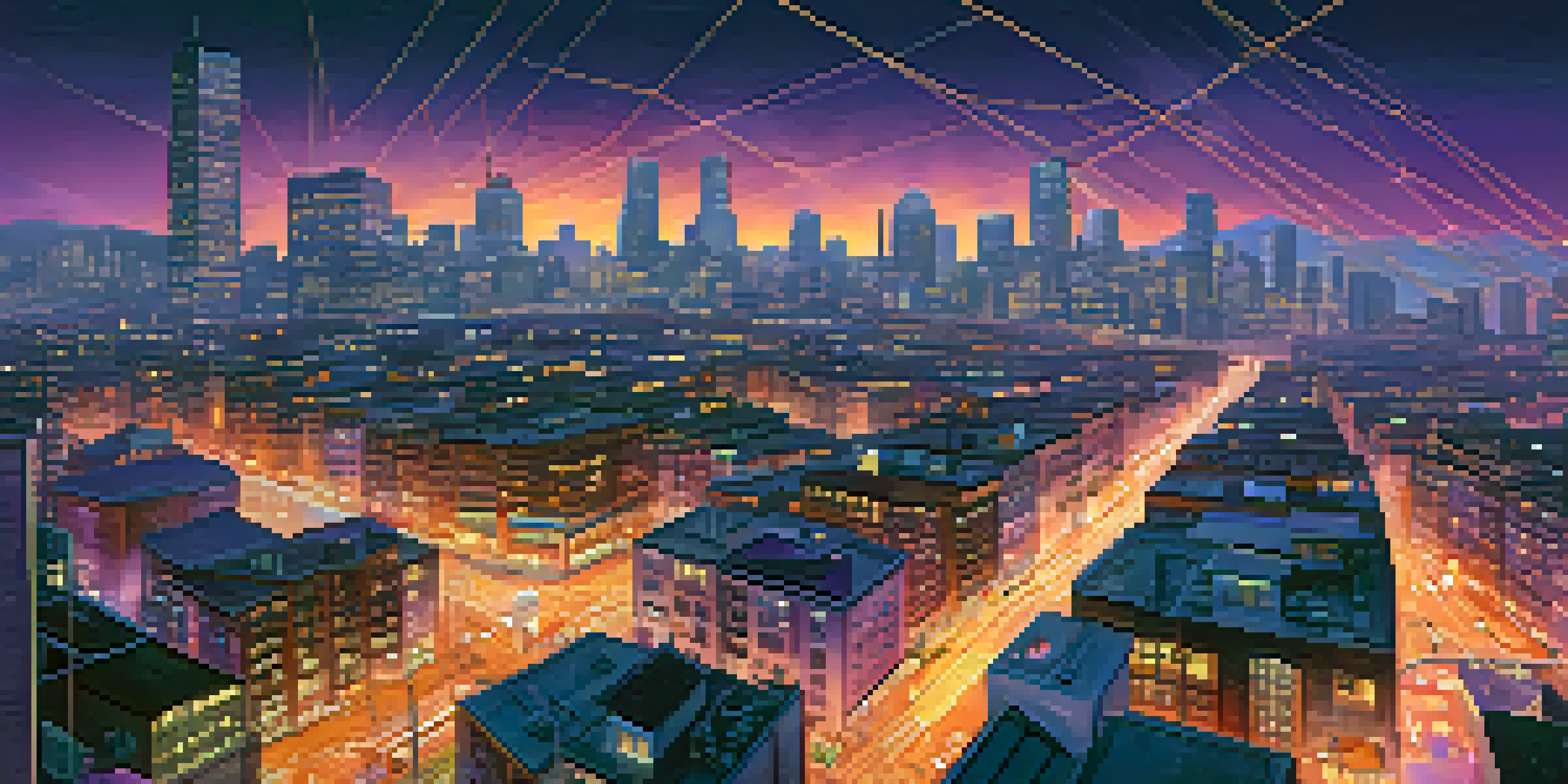 A city skyline at dusk with glowing lines connecting buildings, illustrating a decentralized network.