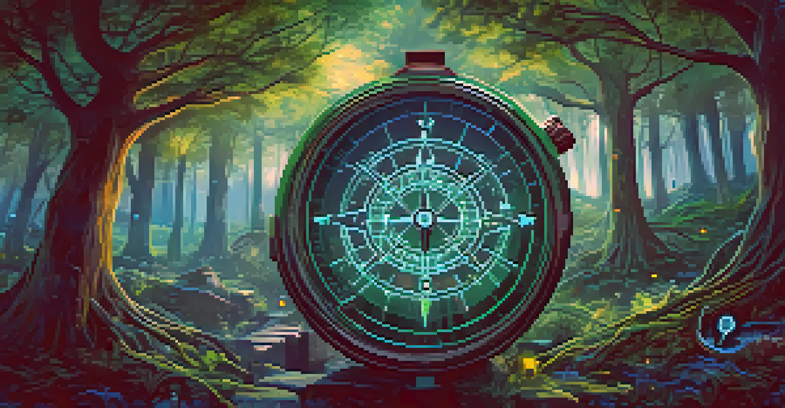 A digital forest filled with cyber threat icons and a compass in the foreground, symbolizing guidance through challenges in cybersecurity.